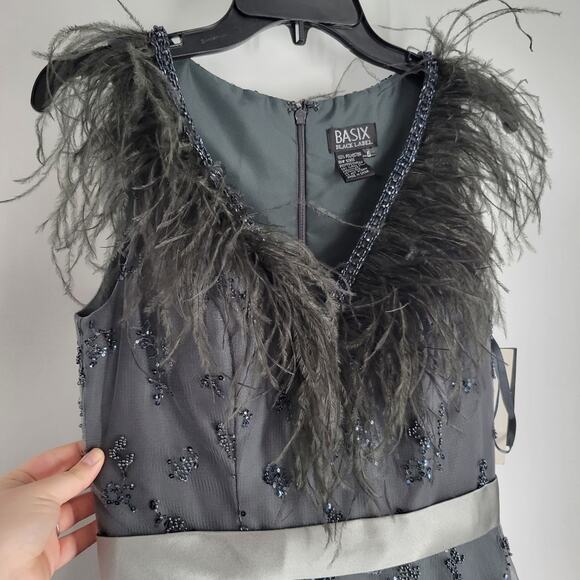 Basix Charcoal Feather Trim Sequin Sleeveless A Line Gown 6 - Picture 4 of 16